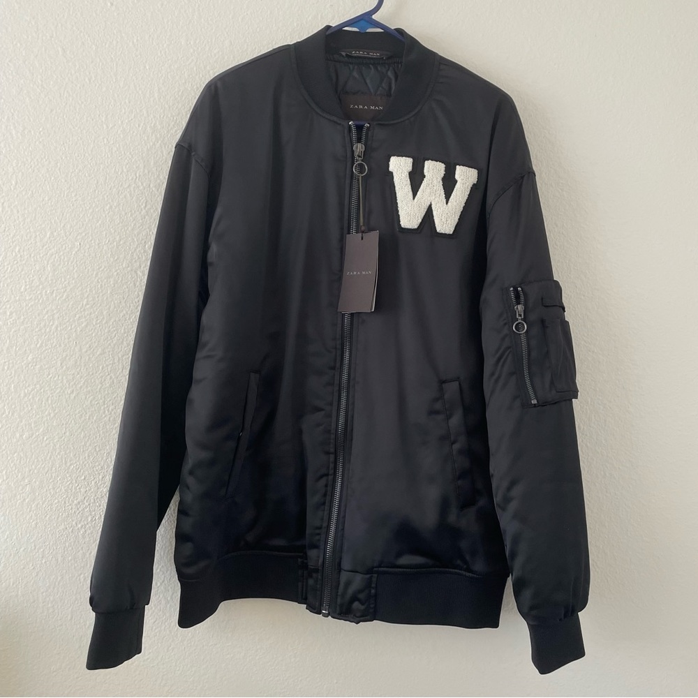 NWT zara man satin black bomber jacket size M